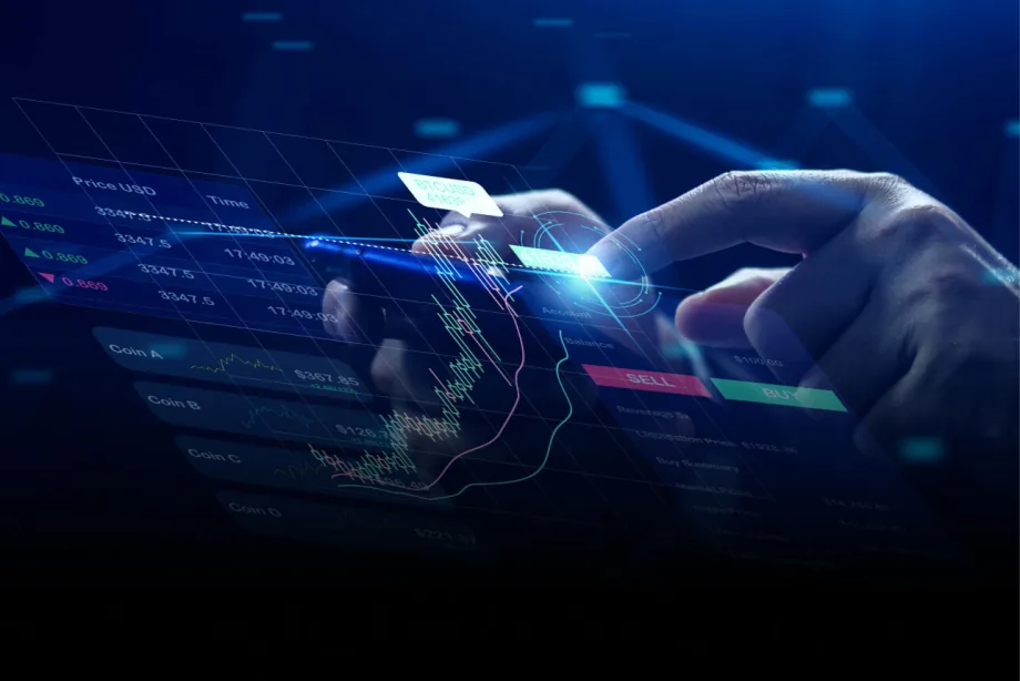Gráficos de negociação de cripto projetados sobre um celular