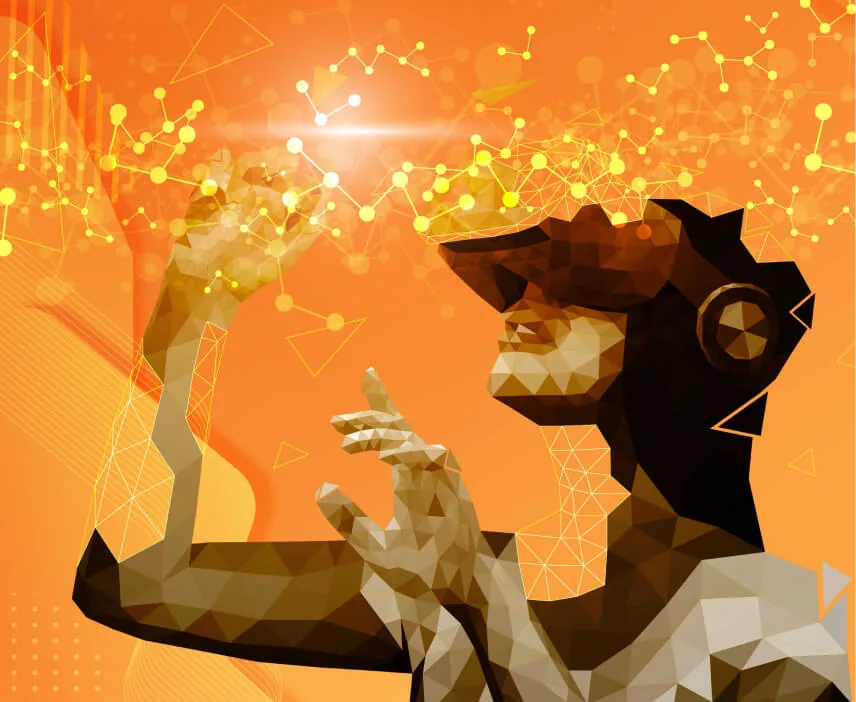 Ilustração low poly de pessoa interagindo com o metaverso