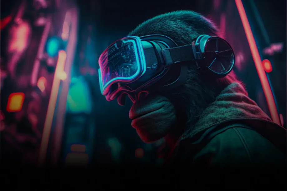 Primata com óculos de realidade virtual em ambiente neon