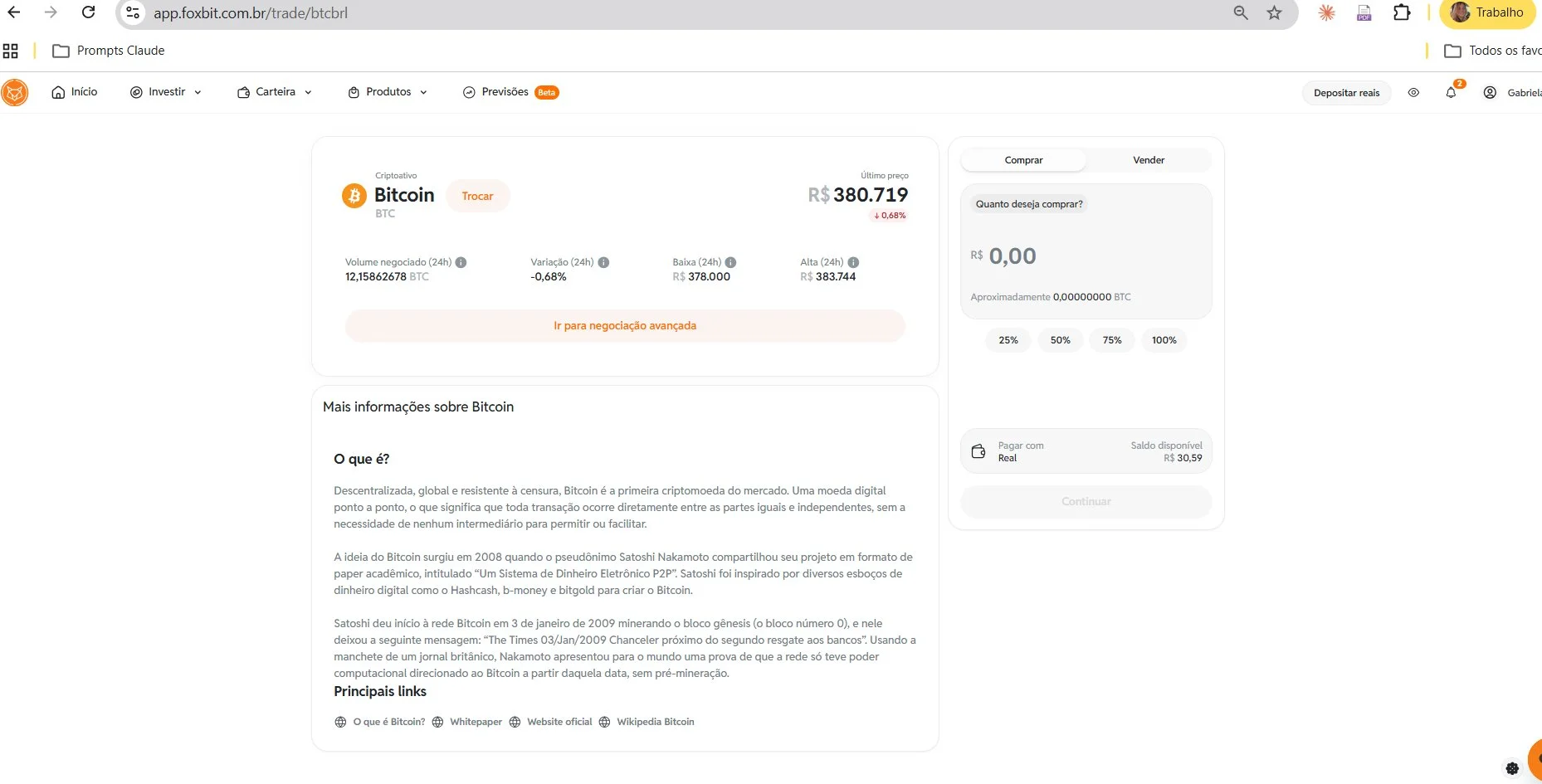 Tela de compra fácil de Bitcoin na Foxbit