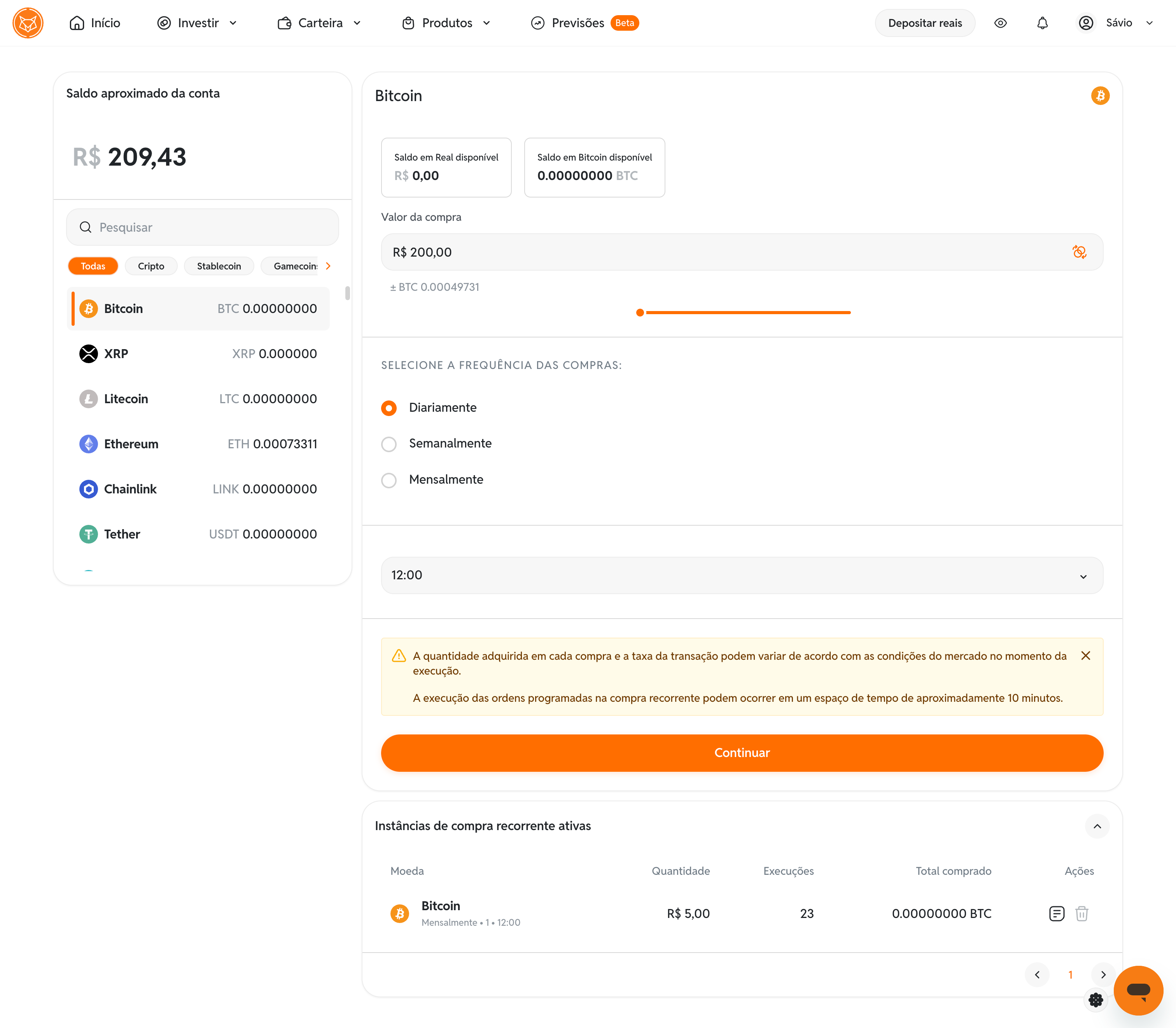 Tela 2: escolha a criptomoeda e o valor